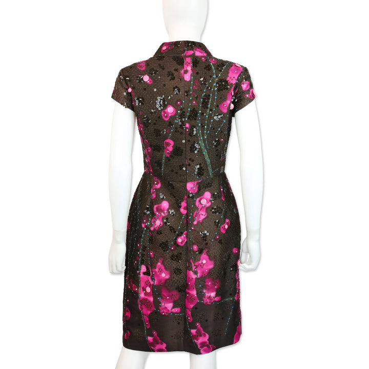 Oscar de la Renta 2008 Fall RTW Brown/Pink Sequin Embroidered High Neck Midi Dress