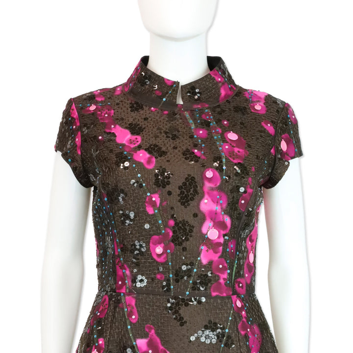 Oscar de la Renta 2008 Fall RTW Brown/Pink Sequin Embroidered High Neck Midi Dress