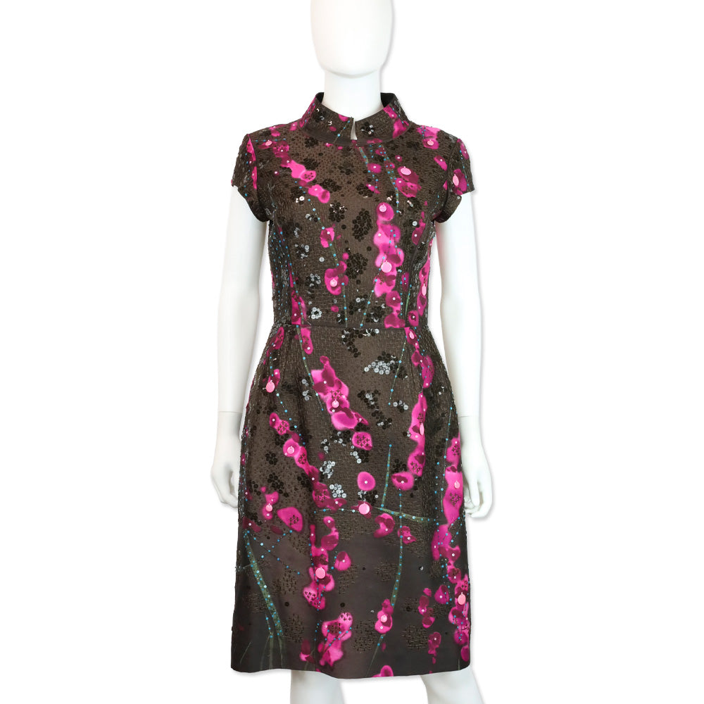 Oscar de la Renta 2008 Fall RTW Brown/Pink Sequin Embroidered High Neck Midi Dress