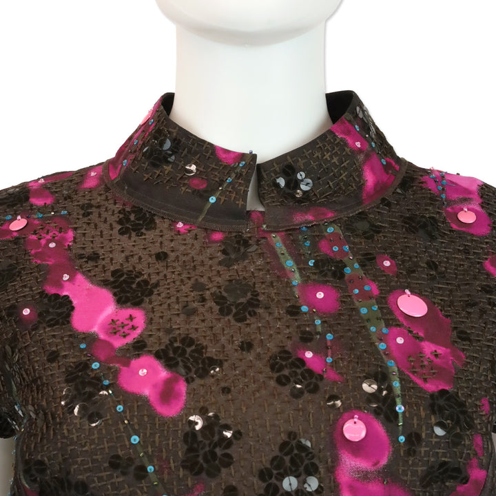 Oscar de la Renta 2008 Fall RTW Brown/Pink Sequin Embroidered High Neck Midi Dress