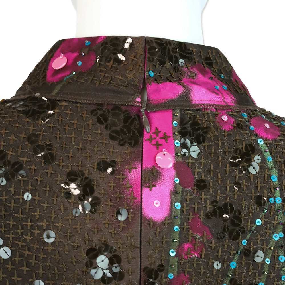 Oscar de la Renta 2008 Fall RTW Brown/Pink Sequin Embroidered High Neck Midi Dress