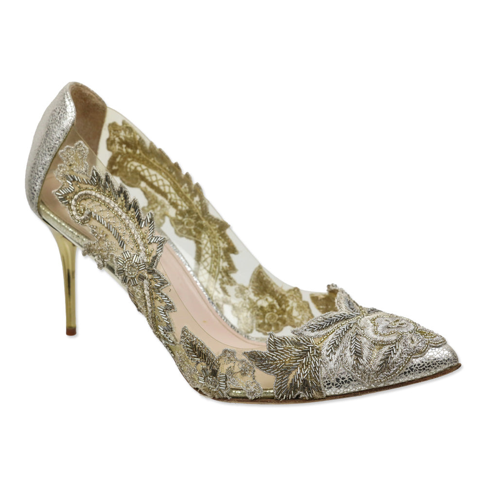 Oscar de la Renta Alyssa Beaded Appliqué Metallic Leather/PVC Pump