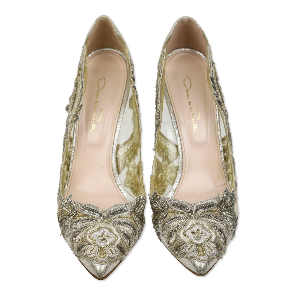 Oscar de la Renta Alyssa Beaded Appliqué Metallic Leather/PVC Pump