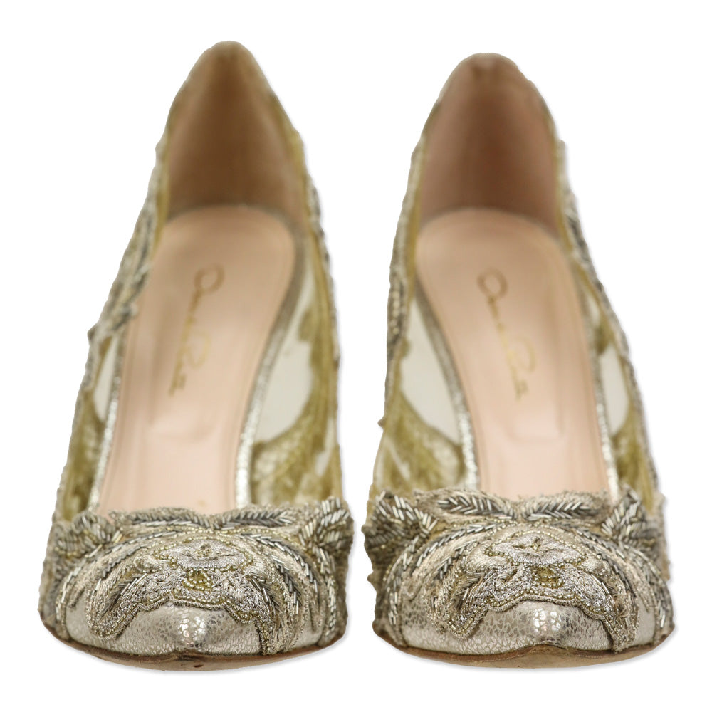 Oscar de la Renta Alyssa Beaded Appliqué Metallic Leather/PVC Pump