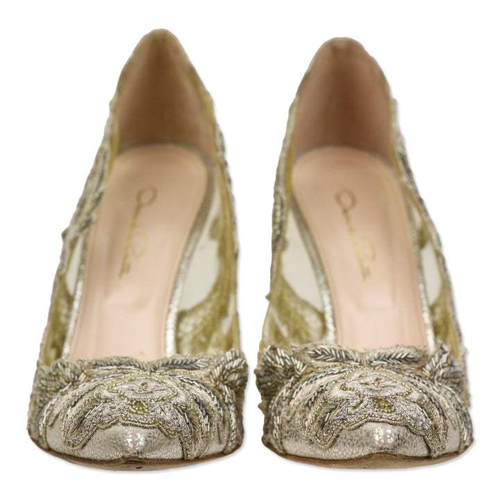 Oscar de la Renta Alyssa Beaded Appliqué Metallic Leather/PVC Pump