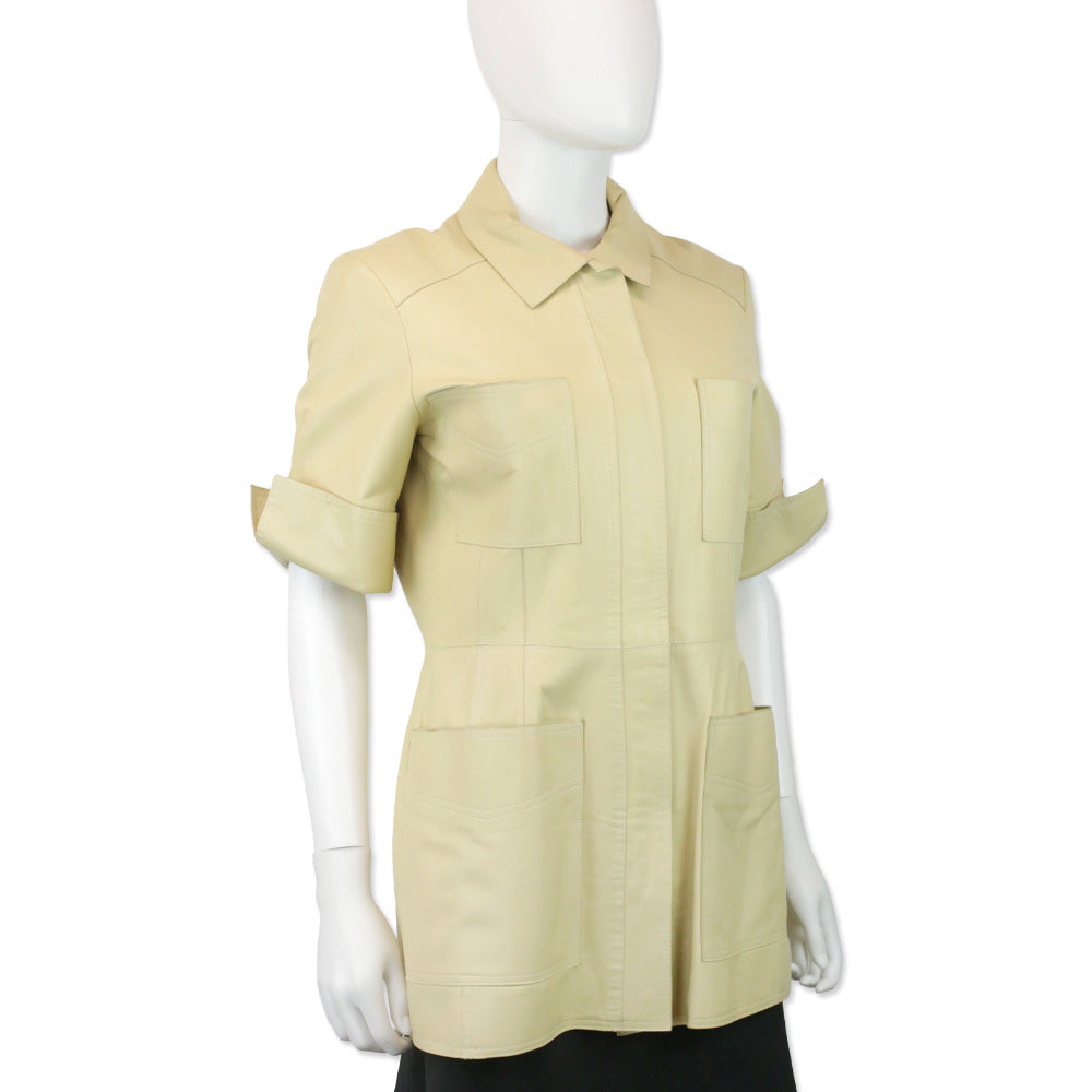 Oscar de la Renta Beige Leather Zip Coat Mini Dress