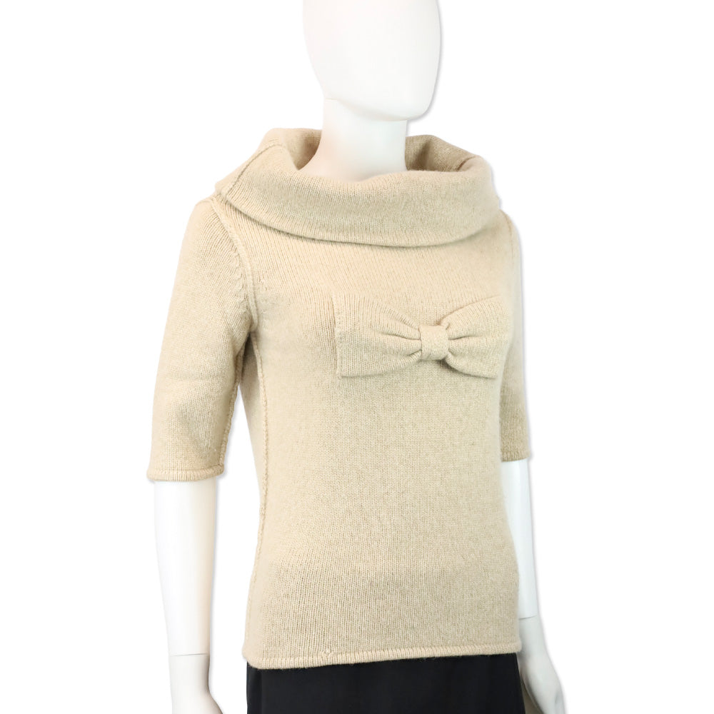 Oscar de la Renta Beige Ribbed Knit Cowl Neck Short Sleeve Bow Accent Sweater