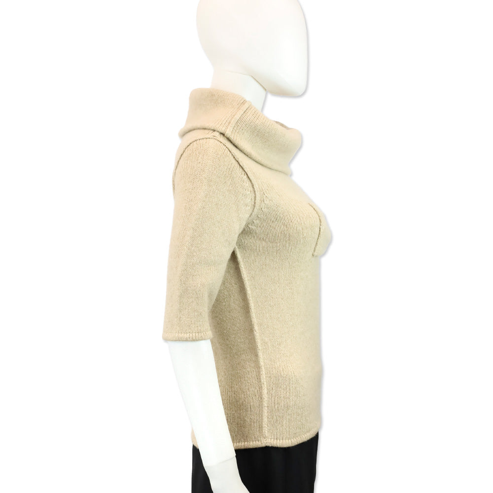 Oscar de la Renta Beige Ribbed Knit Cowl Neck Short Sleeve Bow Accent Sweater