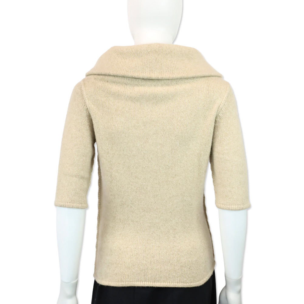 Oscar de la Renta Beige Ribbed Knit Cowl Neck Short Sleeve Bow Accent Sweater