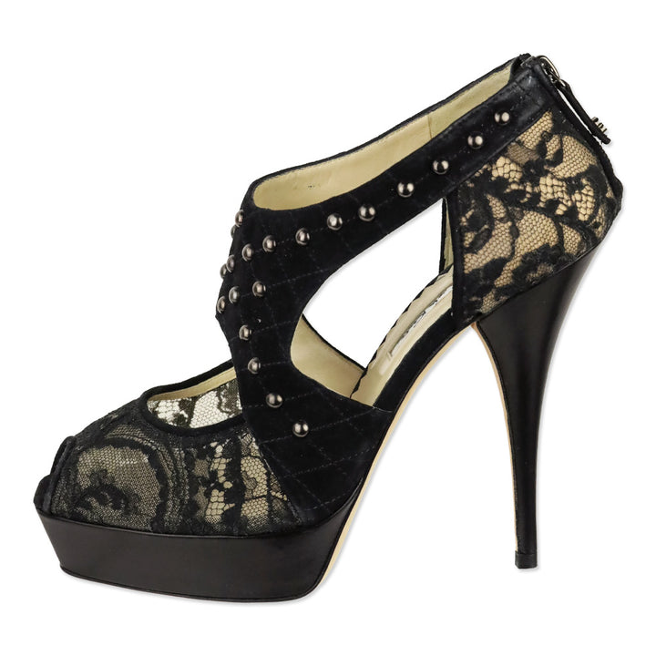 Oscar de la Renta Black Lace Quilted Studded Suede Platform Sandal