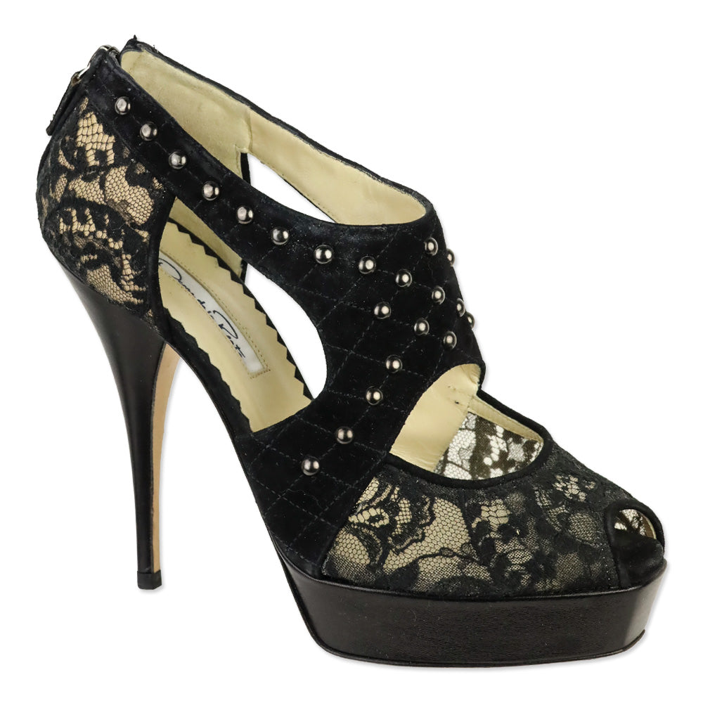 Oscar de la Renta Black Lace Quilted Studded Suede Platform Sandal