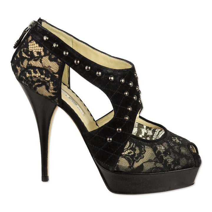 Oscar de la Renta Black Lace Quilted Studded Suede Platform Sandal