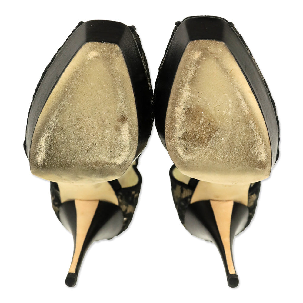 Oscar de la Renta Black Lace Quilted Studded Suede Platform Sandal