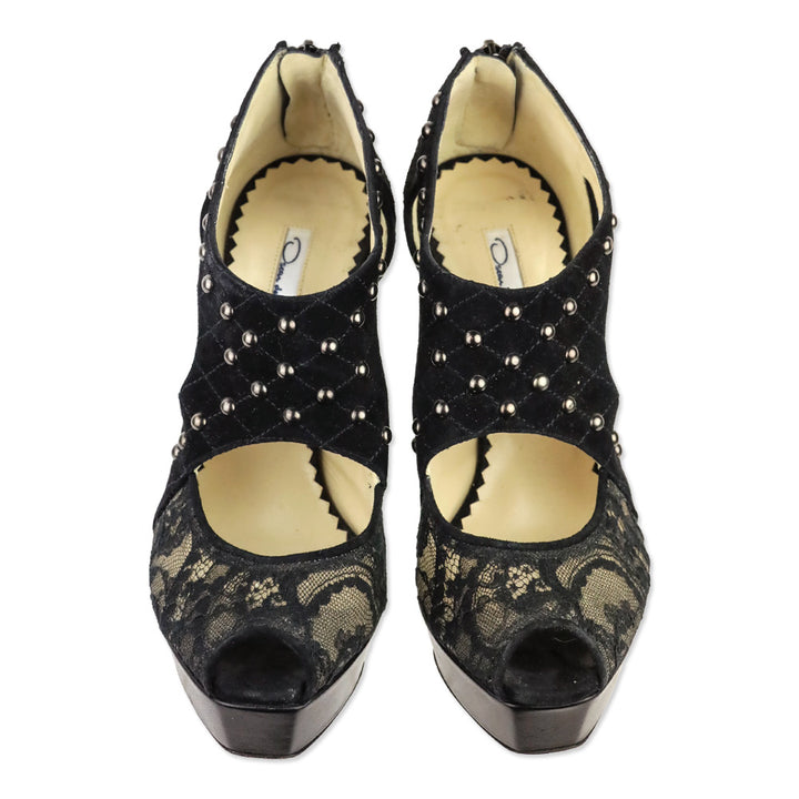 Oscar de la Renta Black Lace Quilted Studded Suede Platform Sandal