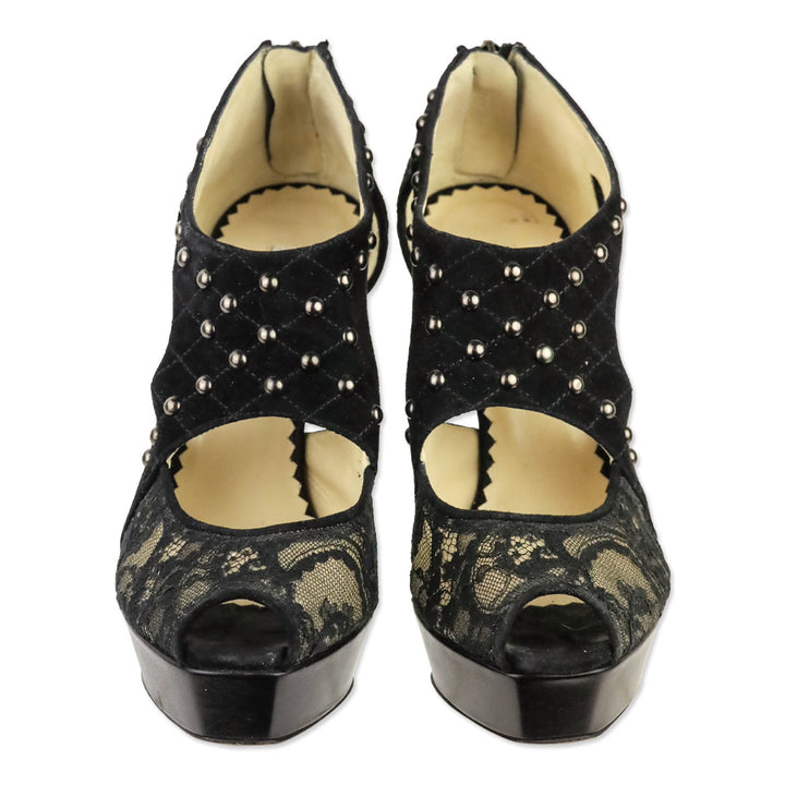 Oscar de la Renta Black Lace Quilted Studded Suede Platform Sandal