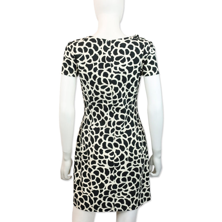 Oscar de la Renta Black/White Print Ruffle Neck Midi Dress