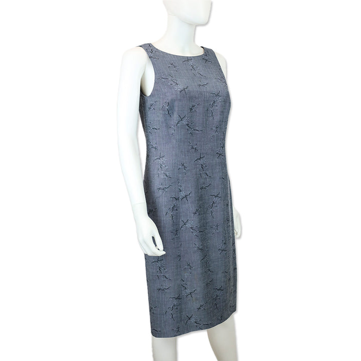Oscar de la Renta Blue Cherry Blossom Print Sleeveless Midi Dress