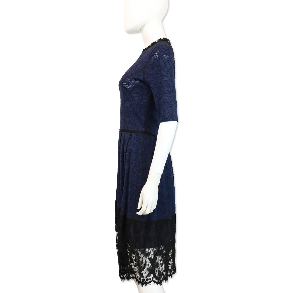 Oscar de la Renta Blue & Black Floral Knit Lace Trim Midi Dress