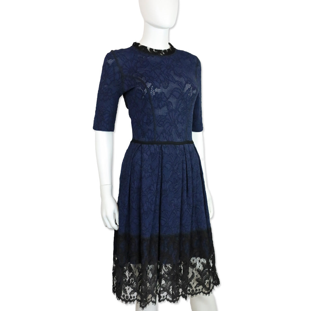 Oscar de la Renta Blue & Black Floral Knit Lace Trim Midi Dress