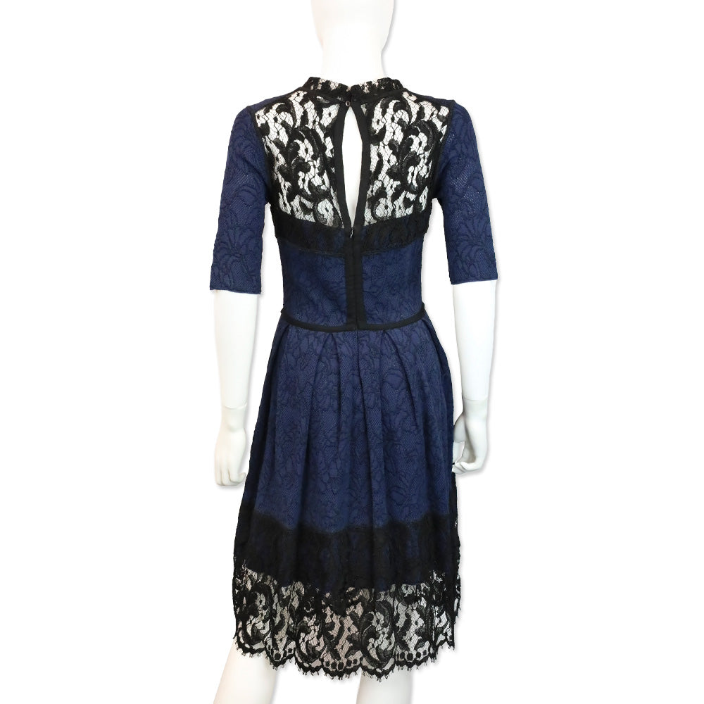 Oscar de la Renta Blue & Black Floral Knit Lace Trim Midi Dress