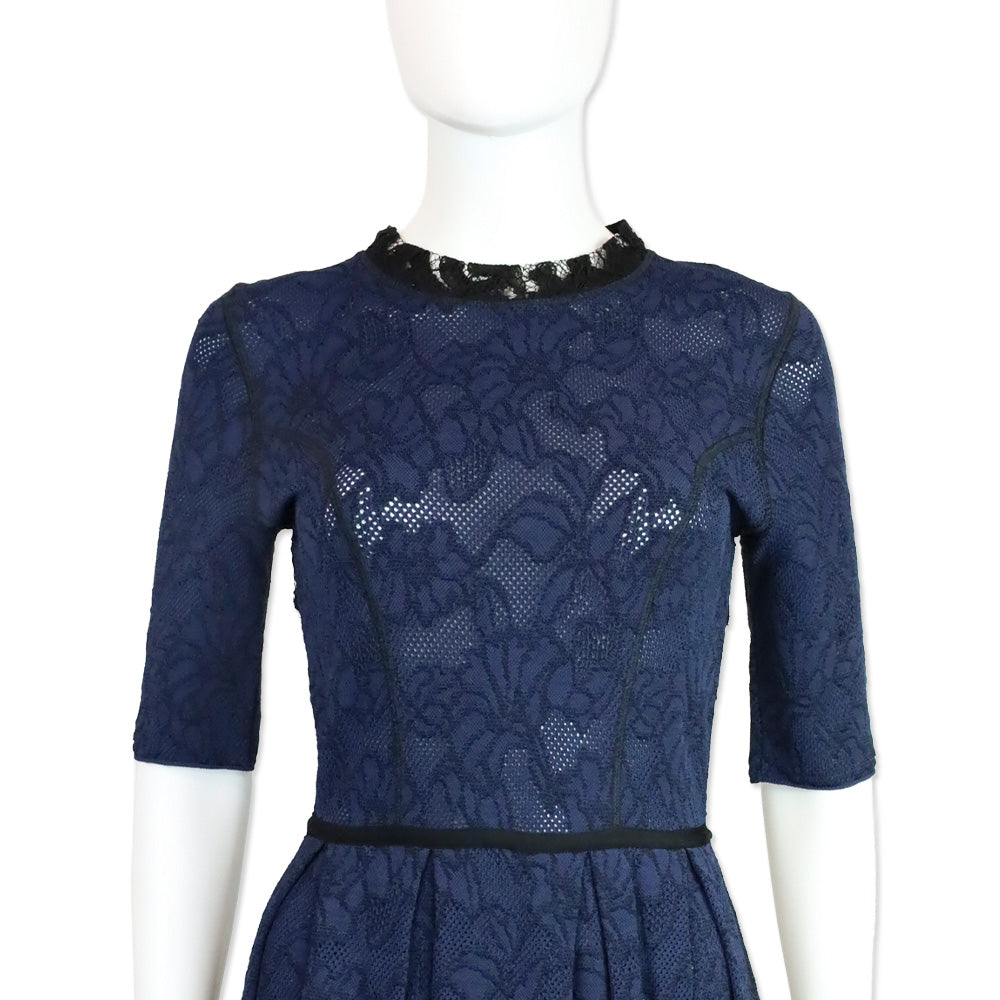 Oscar de la Renta Blue & Black Floral Knit Lace Trim Midi Dress