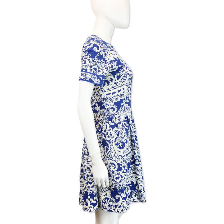 Oscar de la Renta Blue & White Brocade Cotton Print Mini Dress