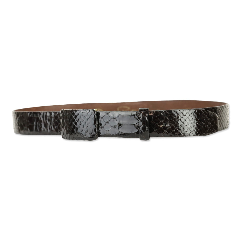 Oscar de la Renta Brown Glossy Snakeskin Belt with Wrapped Buckle