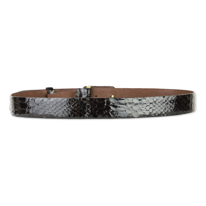 Oscar de la Renta Brown Glossy Snakeskin Belt with Wrapped Buckle