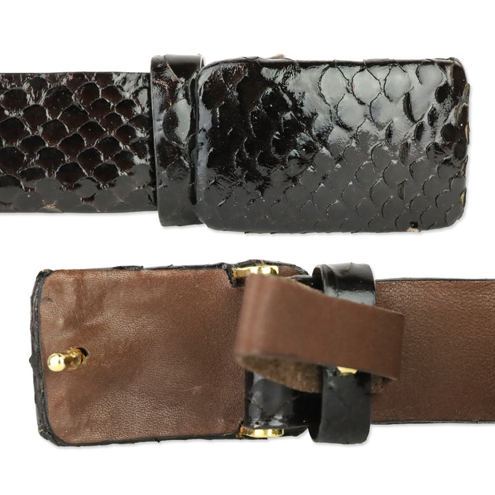Oscar de la Renta Brown Glossy Snakeskin Belt with Wrapped Buckle