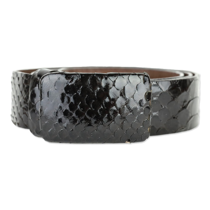 Oscar de la Renta Brown Glossy Snakeskin Belt with Wrapped Buckle