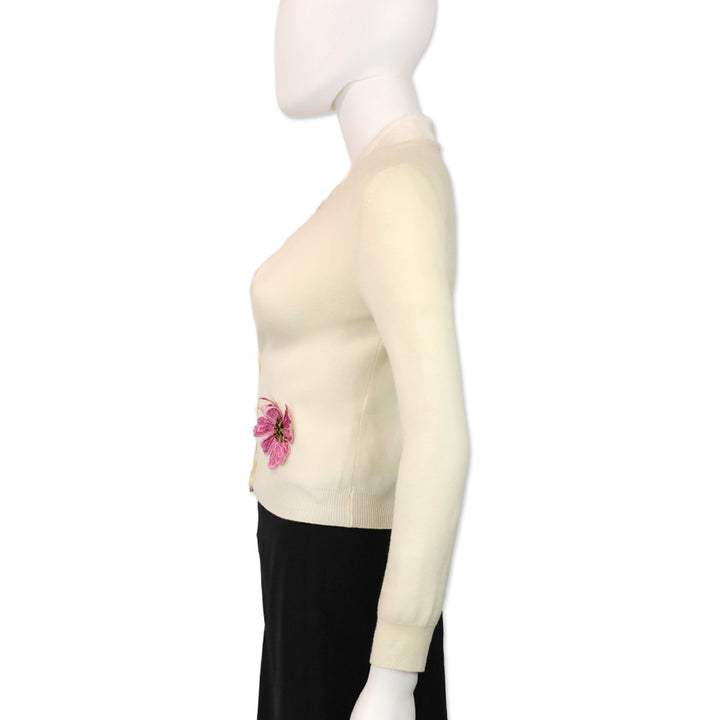 Oscar de la Renta Cream Wool Floral Appliqué Cardigan