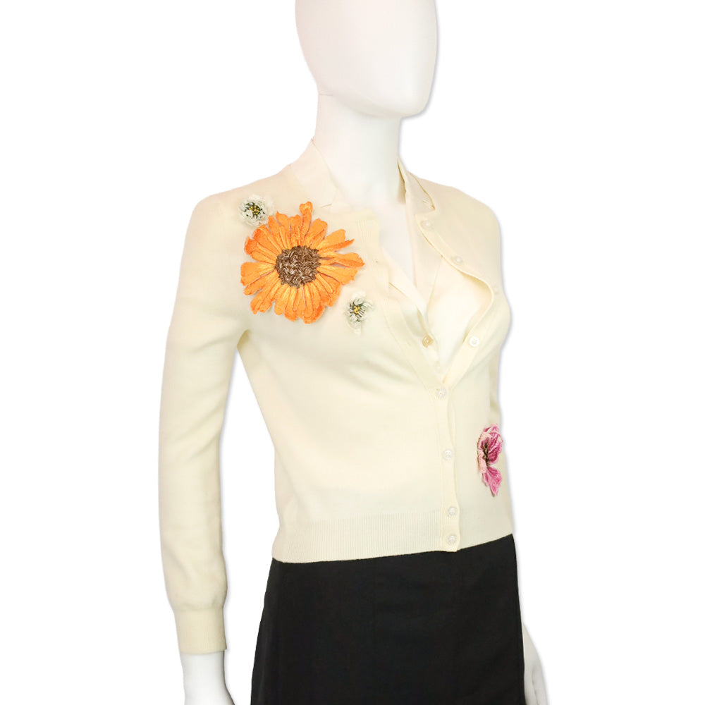 Oscar de la Renta Cream Wool Floral Appliqué Cardigan