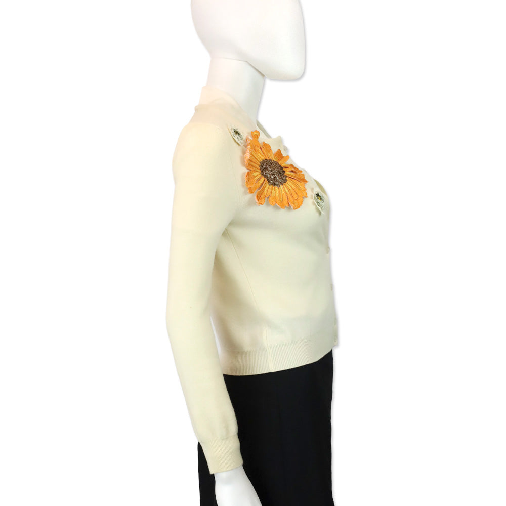 Oscar de la Renta Cream Wool Floral Appliqué Cardigan