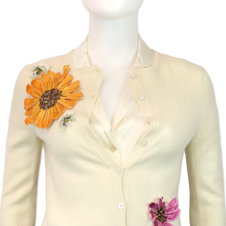 Oscar de la Renta Cream Wool Floral Appliqué Cardigan