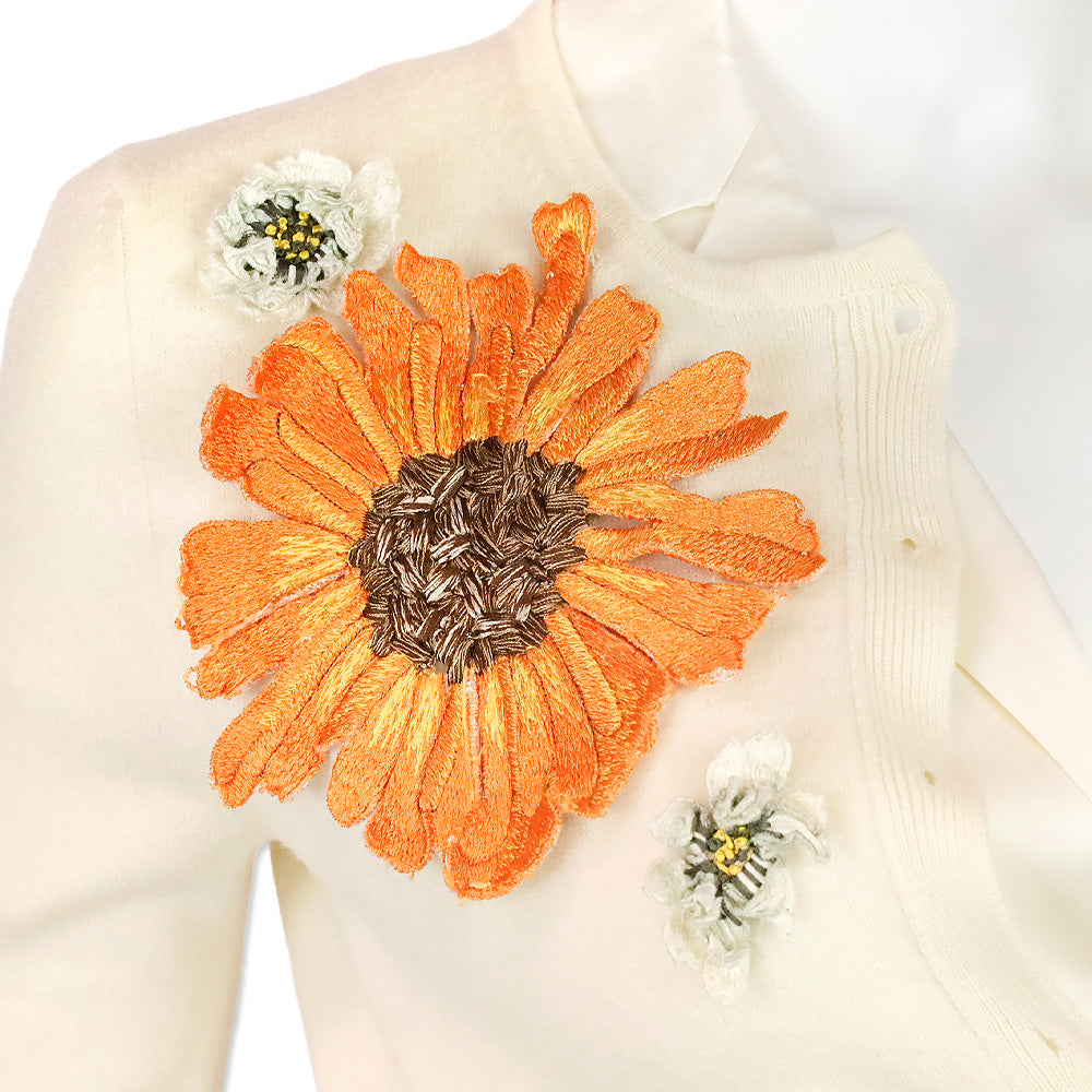 Oscar de la Renta Cream Wool Floral Appliqué Cardigan