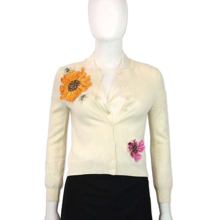 Oscar de la Renta Cream Wool Floral Appliqué Cardigan