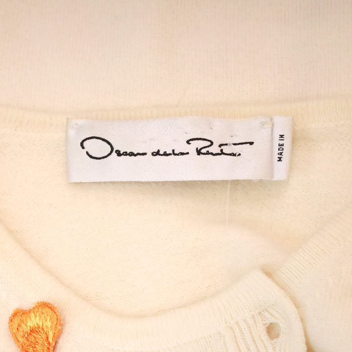 Oscar de la Renta Cream Wool Floral Appliqué Cardigan