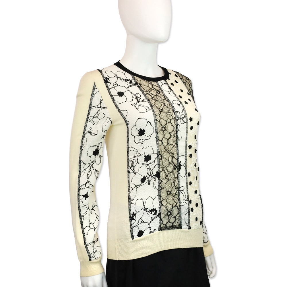 Oscar de la Renta Cream Wool Knit Black Floral Silk Print/Lace Striped Panel Sweater