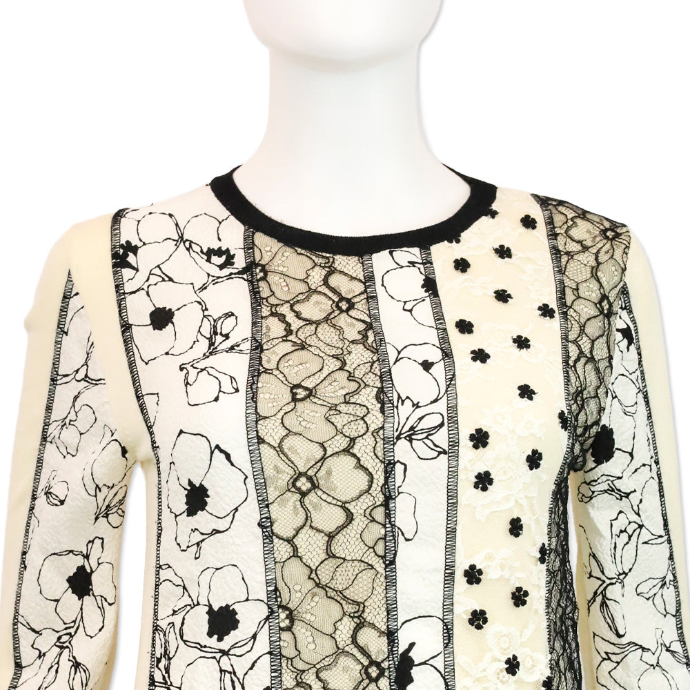 Oscar de la Renta Cream Wool Knit Black Floral Silk Print/Lace Striped Panel Sweater