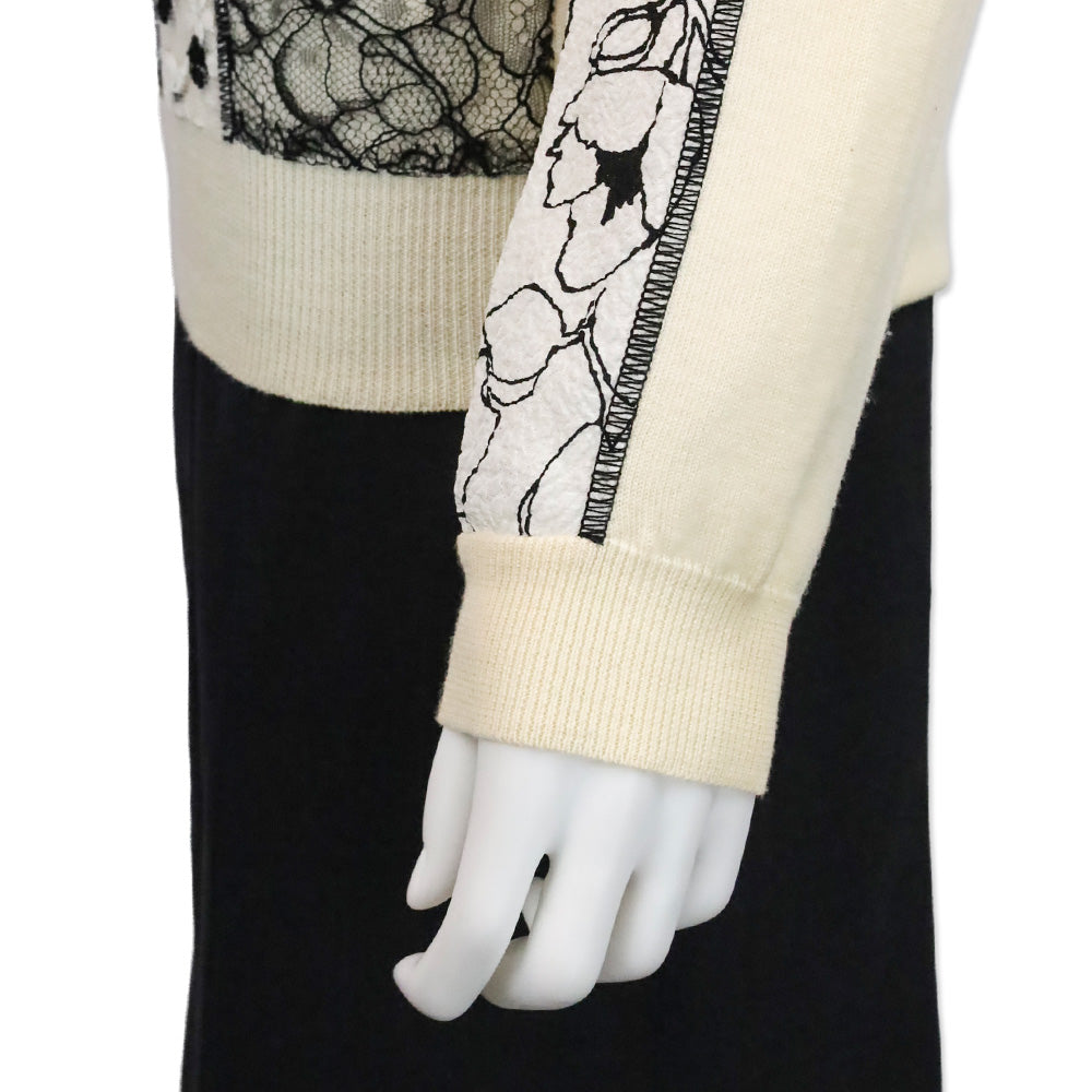 Oscar de la Renta Cream Wool Knit Black Floral Silk Print/Lace Striped Panel Sweater