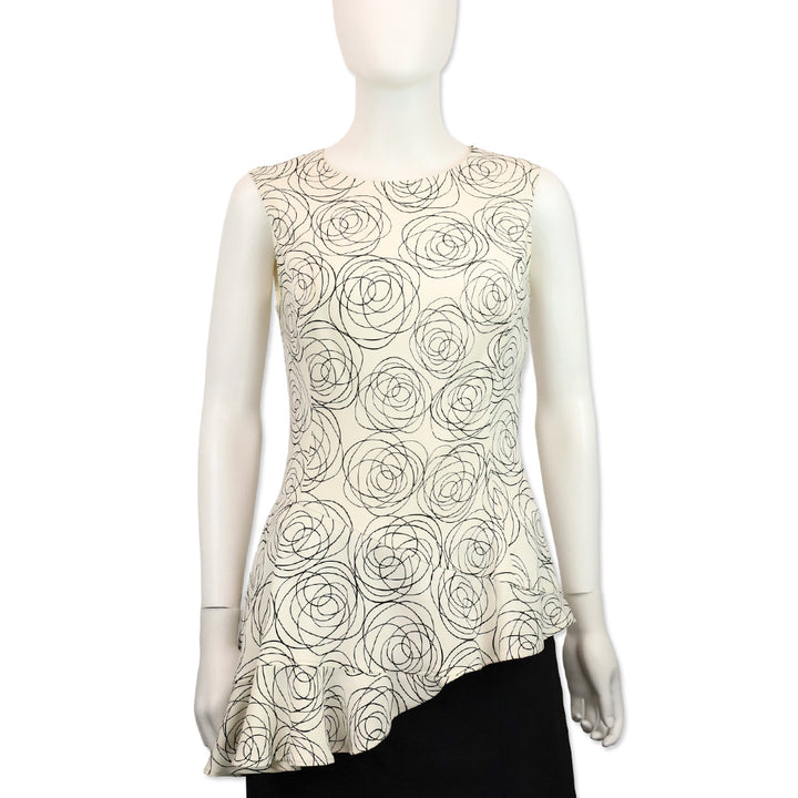 Oscar de la Renta Cream/Black Floral Doodle Print Sleeveless Asymmetric Top