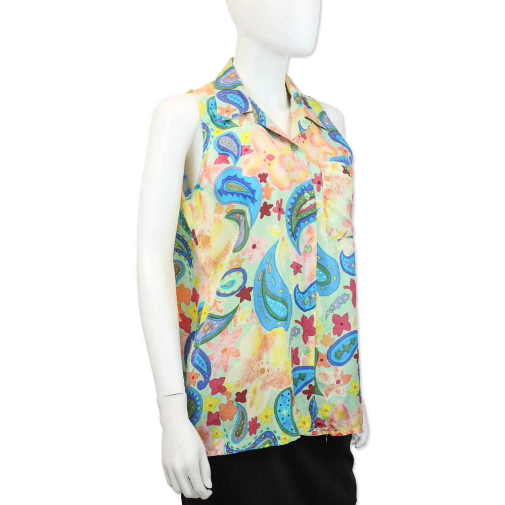 Oscar de la Renta Expressions Paisley Multicolor Silk Sleeveless Button-Up Shirt
