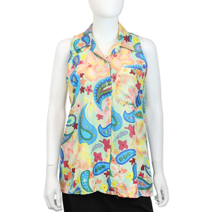 Oscar de la Renta Expressions Paisley Multicolor Silk Sleeveless Button-Up Shirt