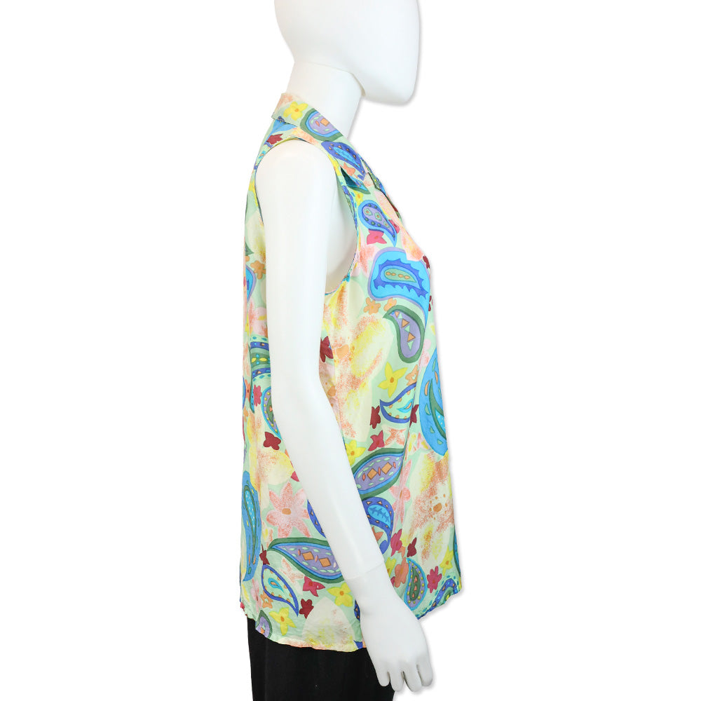 Oscar de la Renta Expressions Paisley Multicolor Silk Sleeveless Button-Up Shirt