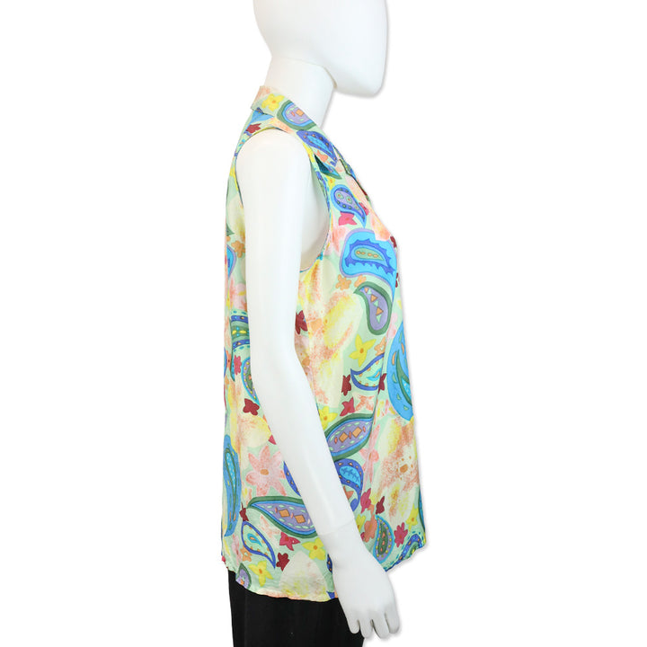 Oscar de la Renta Expressions Paisley Multicolor Silk Sleeveless Button-Up Shirt