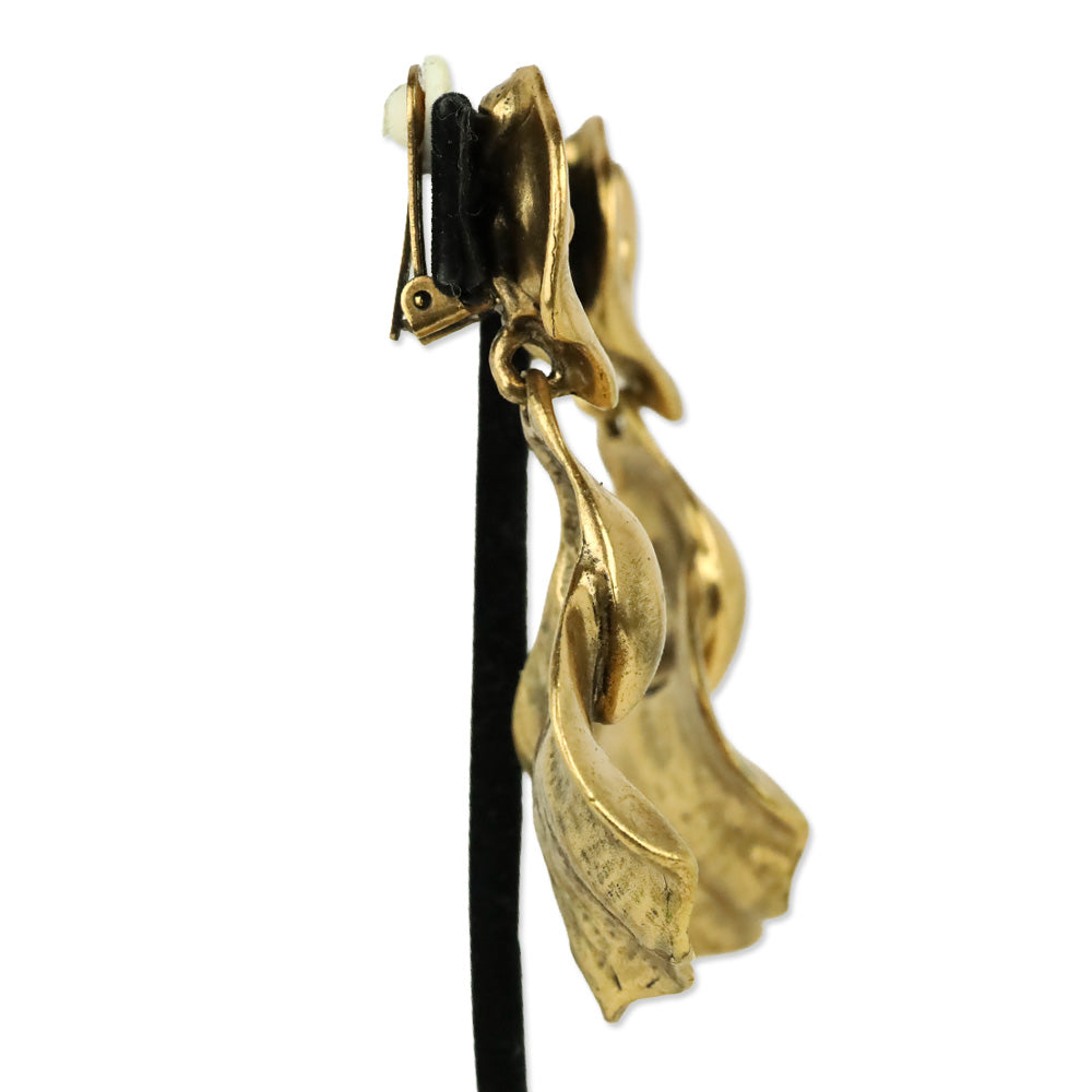 Oscar de la Renta Gold Hammered Flower Drop Clip-On Earrings