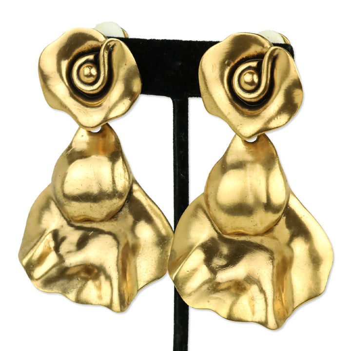 Oscar de la Renta Gold Hammered Flower Drop Clip-On Earrings