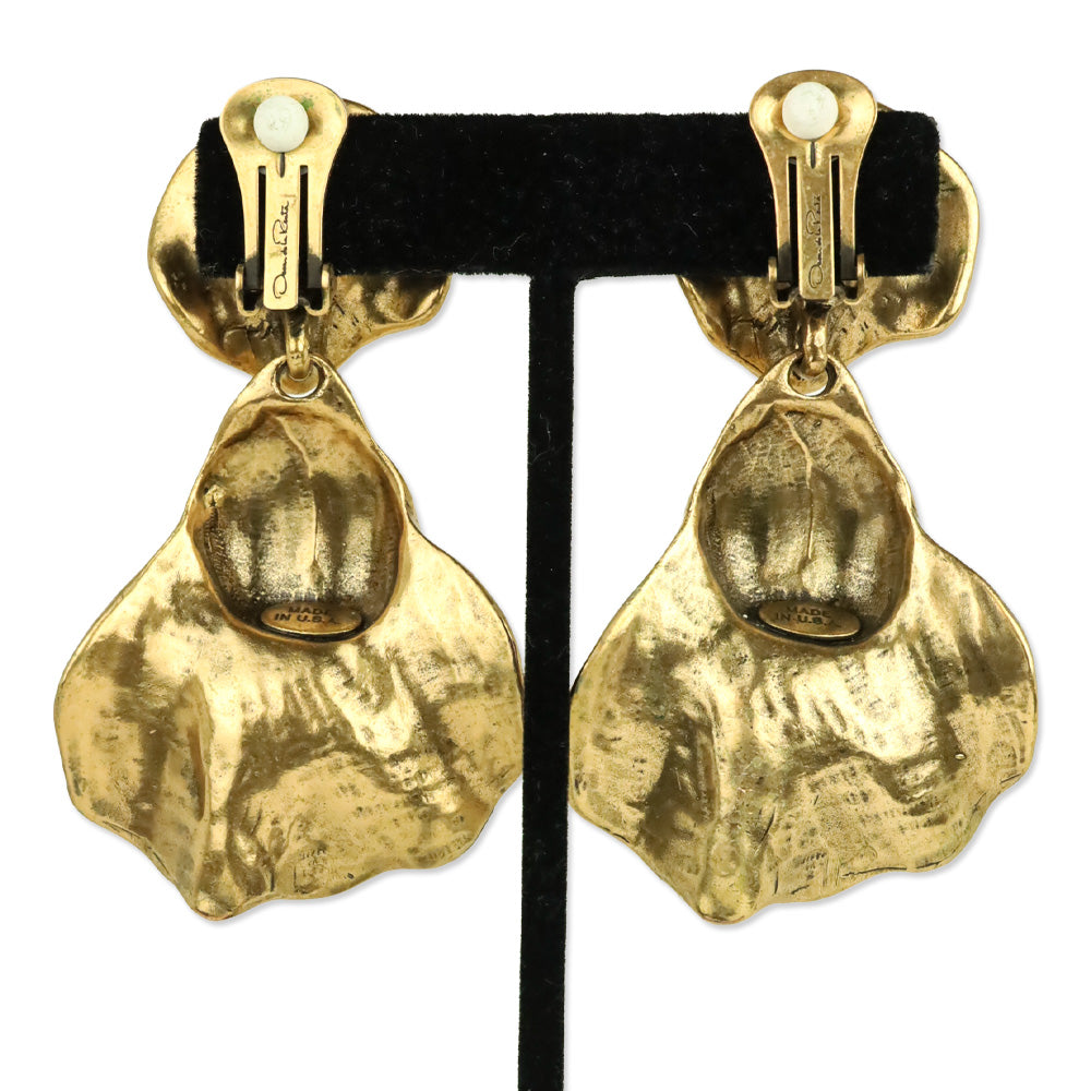 Oscar de la Renta Gold Hammered Flower Drop Clip-On Earrings