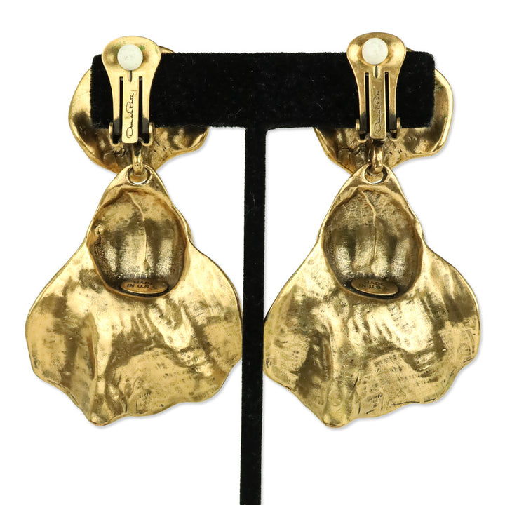Oscar de la Renta Gold Hammered Flower Drop Clip-On Earrings