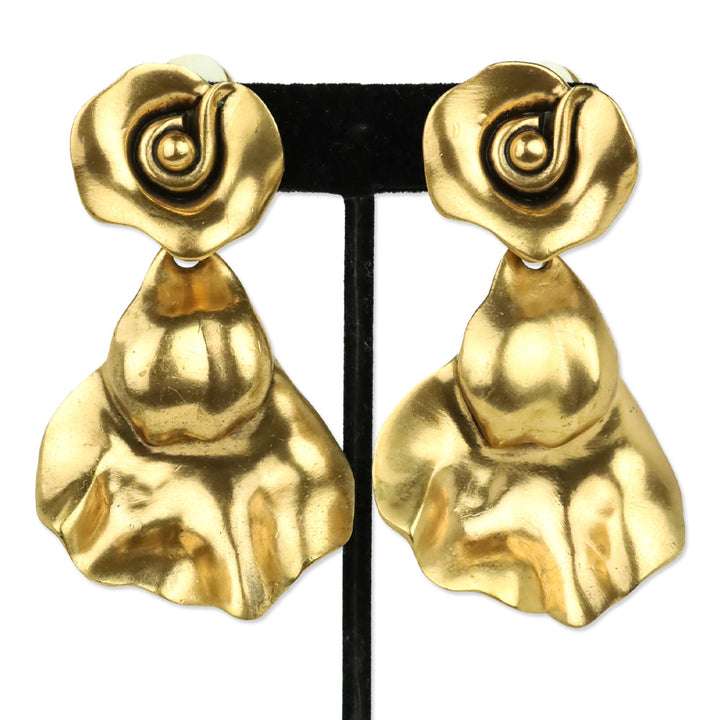 Oscar de la Renta Gold Hammered Flower Drop Clip-On Earrings